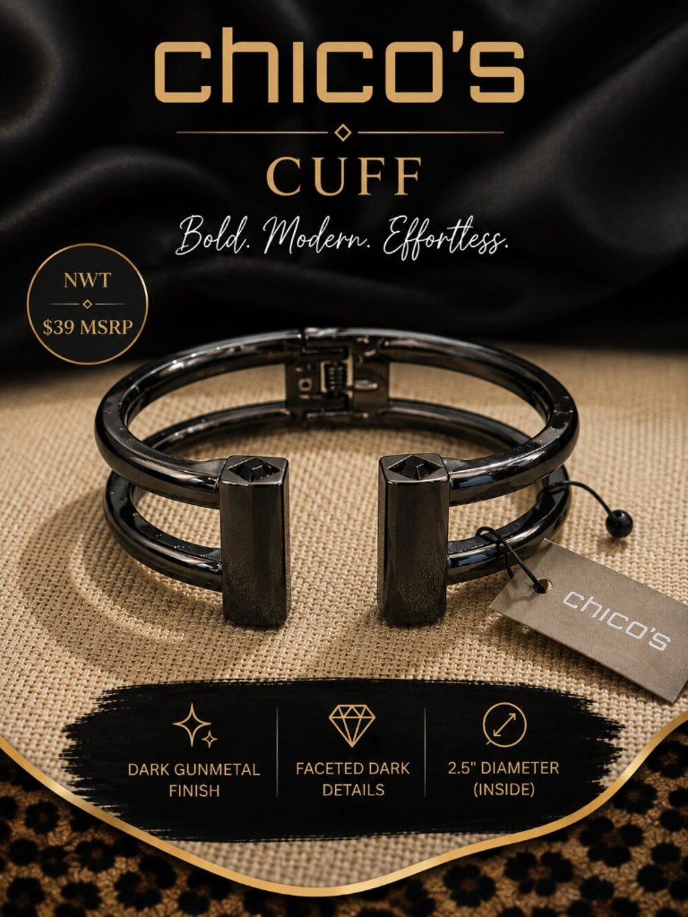 Chico’s NWT Dark Gunmetal Double Band Hinged Cuff Bracelet
